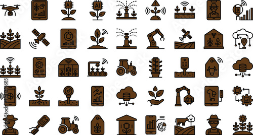 Smart agriculture technology icon set featuring AI crop monitoring sensors robotics irrigation automation analytics and precision farming