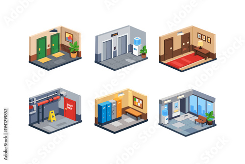 Isometric building interior scenes showing different rooms and hallways with doors and elevators