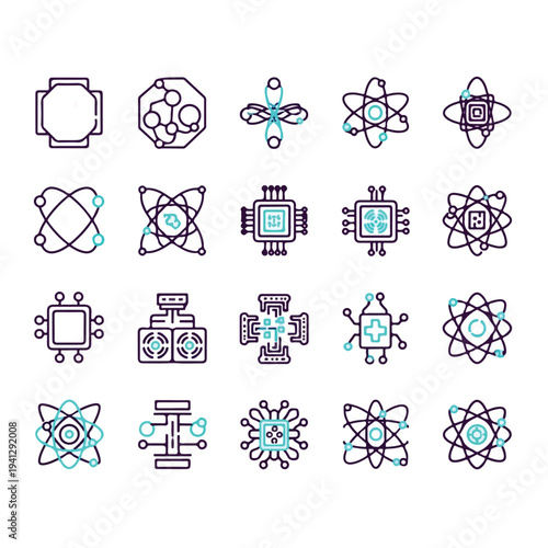 Quantum computing and future physics minimalist vector icons set