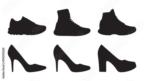 Silhouette of various high-heeled shoes and boots in minimalist style with dark tone on white background for fashion design