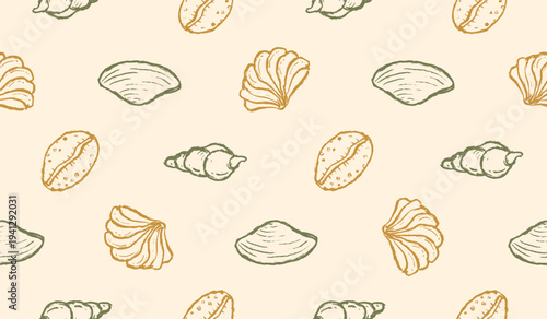 Seashell hand drawn pattern. Shells doodle background. Whimsical summer beach illustration seamless pattern for fabric. Sketch style of various seashells like scallop, oyster, conch, bivalve.
