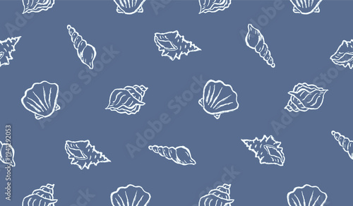 Seashell hand drawn pattern. Shells doodle background. Whimsical summer beach illustration seamless pattern for fabric. Sketch style of various seashells like scallop, oyster, conch, bivalve.