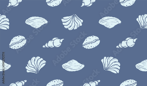 Seashell hand drawn pattern. Shells doodle background. Whimsical summer beach illustration seamless pattern for fabric. Sketch style of various seashells like scallop, oyster, conch, bivalve.