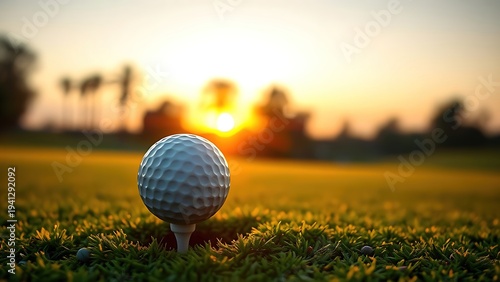 oganesson. Golf ball on tee during golden hour, warm sunset glow over the course landscape. inspiring travel planning, event key visuals, designed for sports event promotions and stadium branding.