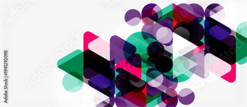 Abstract geometric shapes overlap, creating vibrant color blends. Composition feels modern, dynamic, visually interesting.