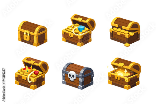 Collection of six treasure chests with gold coins, jewels, and a crown