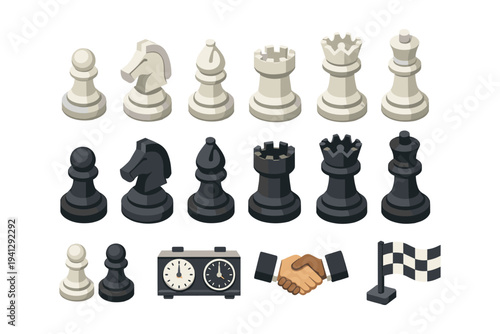 Isometric chess pieces, clock, handshake, and checkered flag on white background