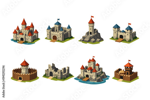 Collection of eight isometric medieval castles and fortresses with flags and varied architectural styles