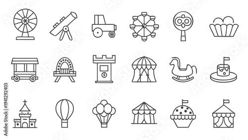 Amusement park thin line icon set, children entertainment symbols collection or sketches. Playground linear style signs for web and app. Vector graphics isolated on white background