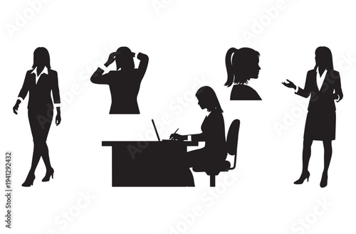 Set of businesswoman silhouettes in various poses including walking working at desk with laptop looking in mirror and explaining concept isolated on transparent background
