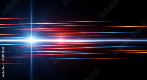 Vibrant colorful light streaks radiating from a central point on a dark background with streaks of red, orange, and blue light