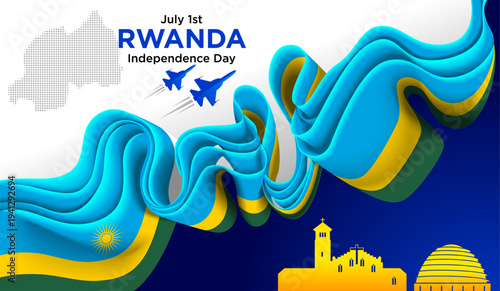 Rwanda Independence Day Background with Blue Yellow Green Ribbon and National Landmarks