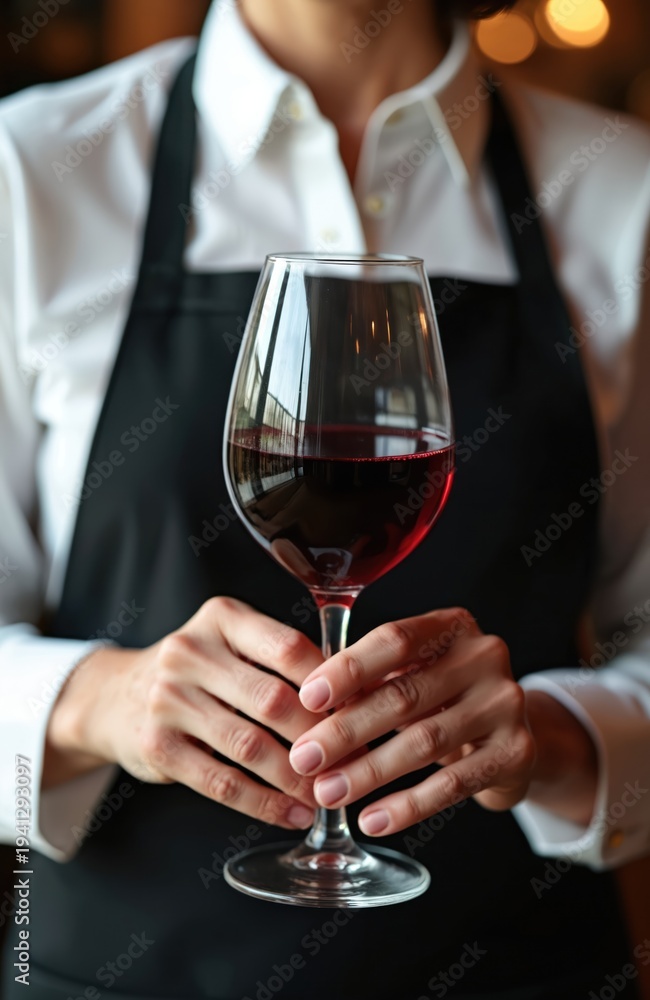 Fototapeta premium Woman in restaurant bar holds glass of red wine. Staff member in black apron and white shirt presents drink. Professional taster checks beverage quality. Wine tasting experience for clients at eatery.