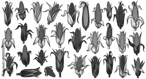 Vintage Corn Assortment: Hand-Drawn Illustrations of Various Corn Varieties