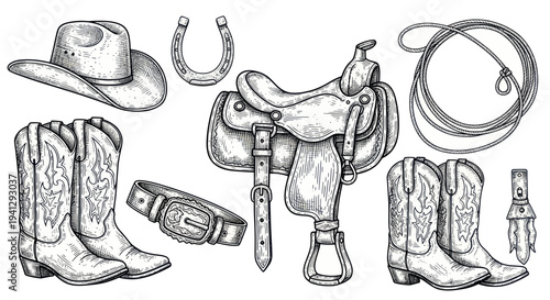 Western Cowboy Gear - Saddle, Boots, Hat, Horseshoe, Lasso, Belt