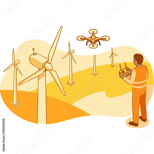 A man operates a drone near a wind farm in a desert landscape.