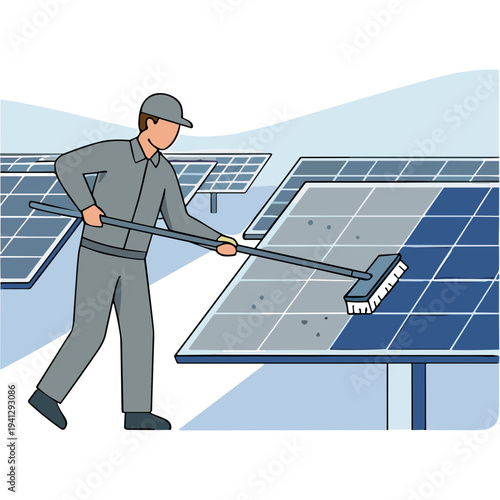Man cleaning solar panels on a sunny day with a brush