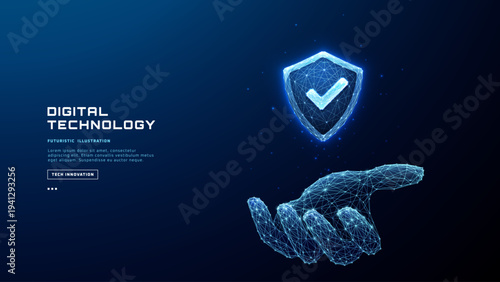 Cybersecurity shield hologram in digital hand. Abstract cyber protection concept with glowing security icon and futuristic technology background for data safety. Tech vector illustration. Low poly