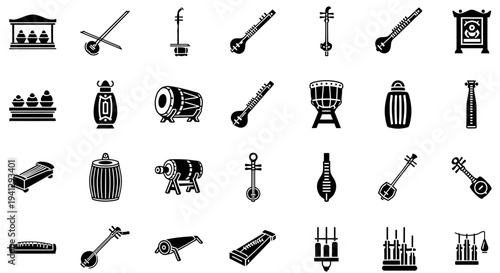 Diverse Collection of Abstract Vector Illustrations Showcasing Traditional Musical Instruments on a White Background for Digital Art and Graphic Design