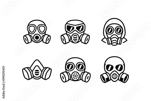 Collection of six different black and white gas mask icons in a grid layout