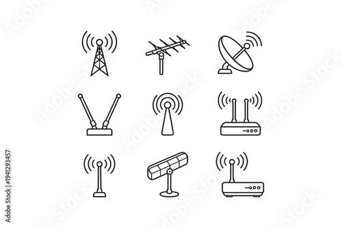 Collection of communication antennas and signal transmission devices in a clean line art style
