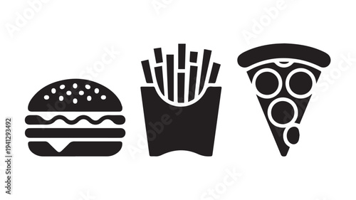 Fast Food Icons Silhouette Black White Monochrome Flat Design Menu Illustration