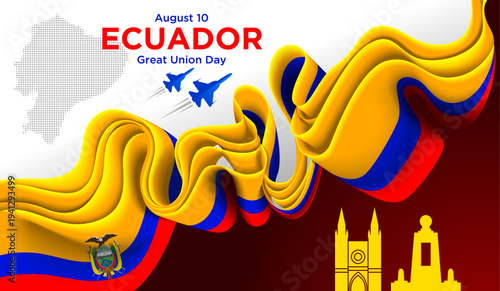 Ecuador Independence Day Background with Yellow Blue Red Ribbon and National Landmarks