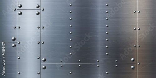 Industrial metal plate with rivets on glossy surface. Vector realistic illustration of iron background for industrial presentation, badge or nameplate design material with stainless steel texture