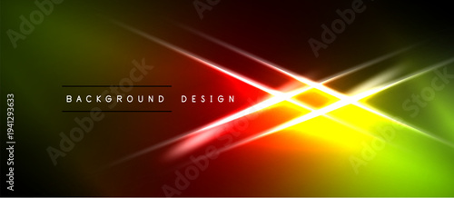 Vibrant abstract background. Diagonal lines create dynamic light effects. Colors blend from green, yellow, red into darkness. Modern design element.