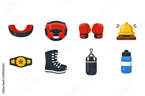 Collection of boxing equipment and accessories, including a mouthguard, headgear, gloves, and more