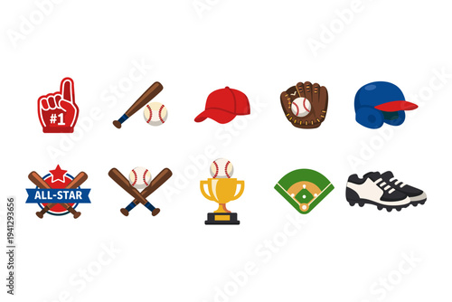 Collection of baseball equipment and symbols for sports enthusiasts and fans