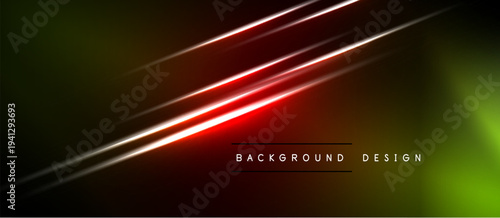 Dark abstract background features vibrant red lines, gradients from green to black. Modern design element for digital projects.