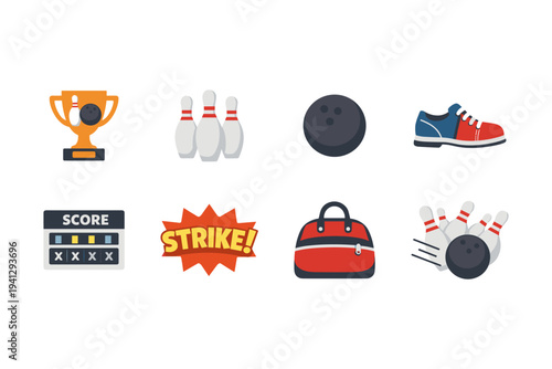 Collection of bowling icons including trophy, pins, ball, shoe, score, and strike
