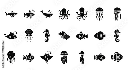 Abstract modern digital art vector illustration background. Colorful collection of diverse marine life icons, featuring sea creatures for graphic design