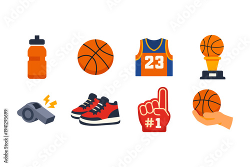 Collection of basketball sport icons including a jersey, ball, shoes, and trophy