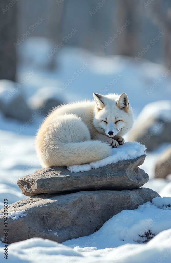 Fototapeta premium White arctic fox curls up sleeping on snowy rocks in a cold tundra landscape. This fluffy mammal has thick fur for warmth. The wild animal rests peacefully in its natural winter habitat.