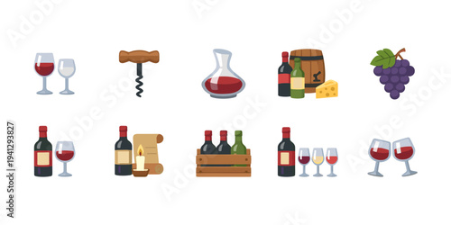 Collection of wine-related icons including bottles, glasses, grapes, and cheese