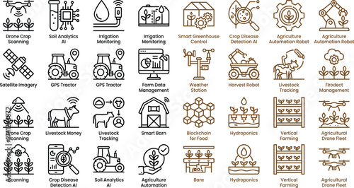Smart agriculture technology icon set featuring drone crop scanning irrigation monitoring soil analytics greenhouse automation and livestock tracking