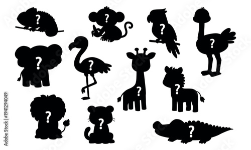 Cute wild safari animal silhouettes set with question marks