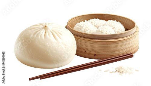 Close-up of steamed buns and a bamboo steamer with chopsticks on a transparent backdrop