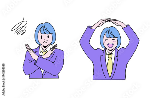 マルとバツのポーズをする女子高生のイラストセット　正解と不正解　手書きベクター素材