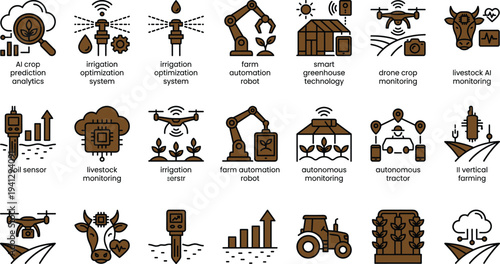 Smart agriculture technology icon set featuring drone crop monitoring irrigation sensors robotics greenhouse automation and livestock analytics