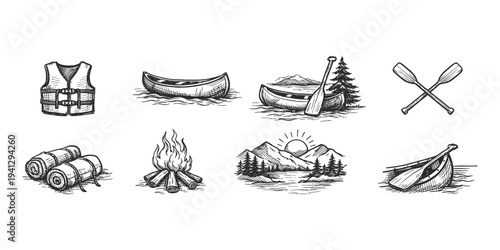 Hand-drawn outdoor adventure icons including canoe, campfire, and life vest