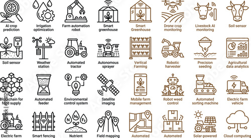 Smart agriculture technology icon set featuring AI crop prediction sensors robotics greenhouse automation satellite mapping and precision farming