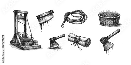 Collection of historical execution and punishment implements in a vintage illustration style