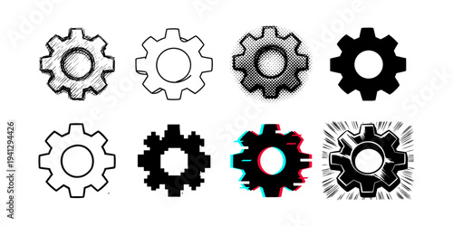 Collection of eight diverse gear icons representing different styles and artistic interpretations