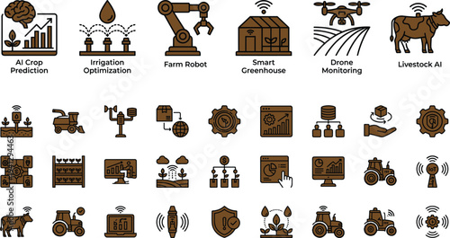 Smart agriculture technology icon set featuring AI crop prediction drone monitoring irrigation optimization livestock analytics and farm automation