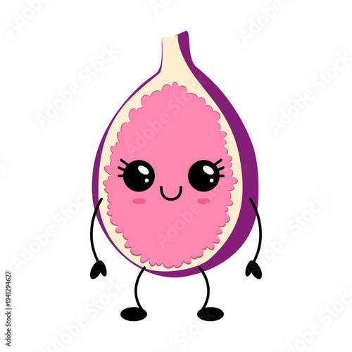 Kawaii character fig mascot smiling playful pink interior large glossy eyes small blushing cheeks stick arms and legs white background sticker style pixel art ideal