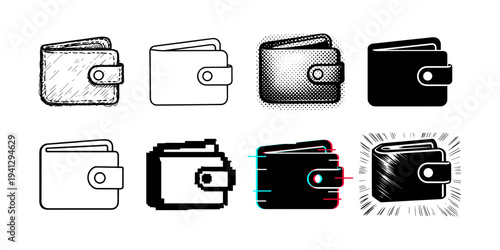 Collection of eight diverse wallet icons in various artistic styles and digital formats