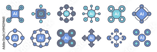 Networked AI nodes and robot icons – Great for machine learning diagrams, futuristic technology UI, or web design.